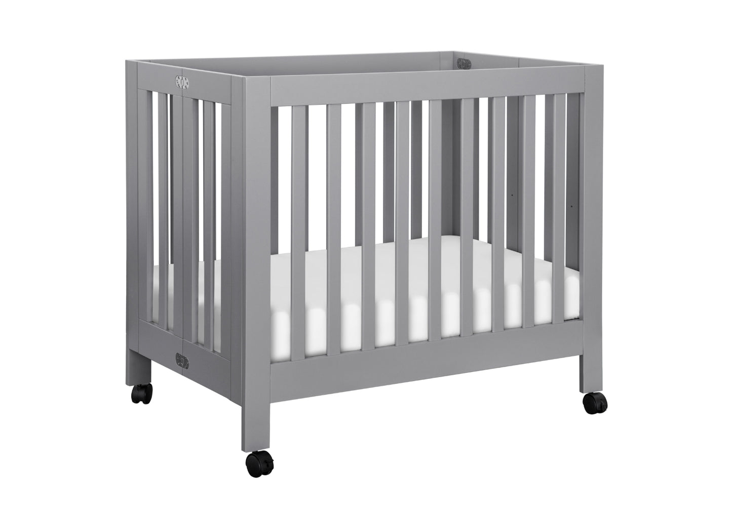 Gray modern baby crib on wheels with visible branding.