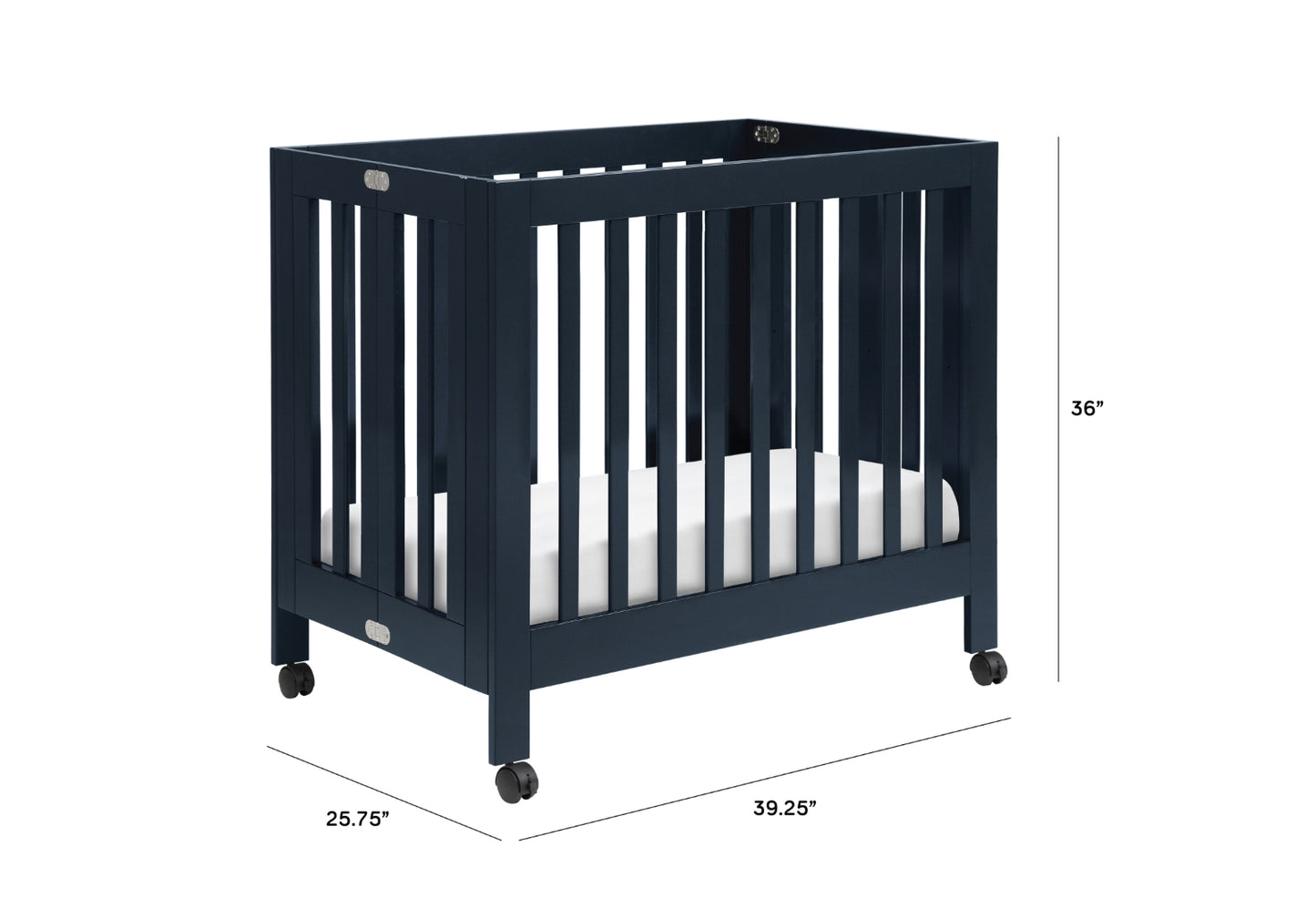 Navy blue baby crib on wheels, measuring 39.25 inches in length, 25.75 inches in width, and 36 inches in height.