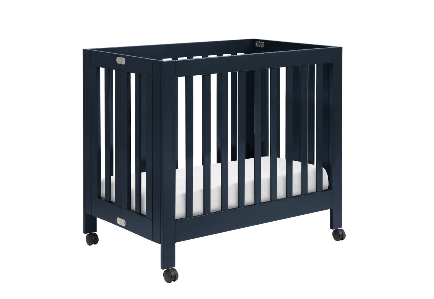 Blue modern baby crib on wheels with a white mattress.