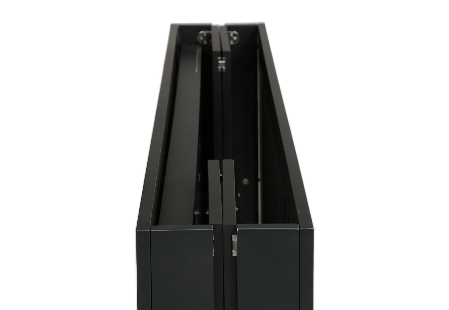 ALT Text: "Close-up view of a black, modern crib with visible hardware and sleek design, isolated on a white background."