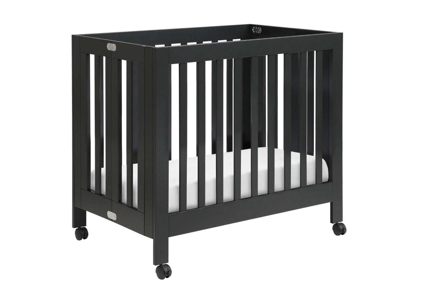 Stylish black crib on wheels with visible brand logo, showcasing a modern design and safety features.