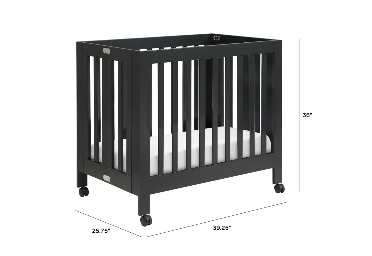 Black baby crib on wheels with dimensions 25.75" x 39.25" x 36" displayed on a white background.