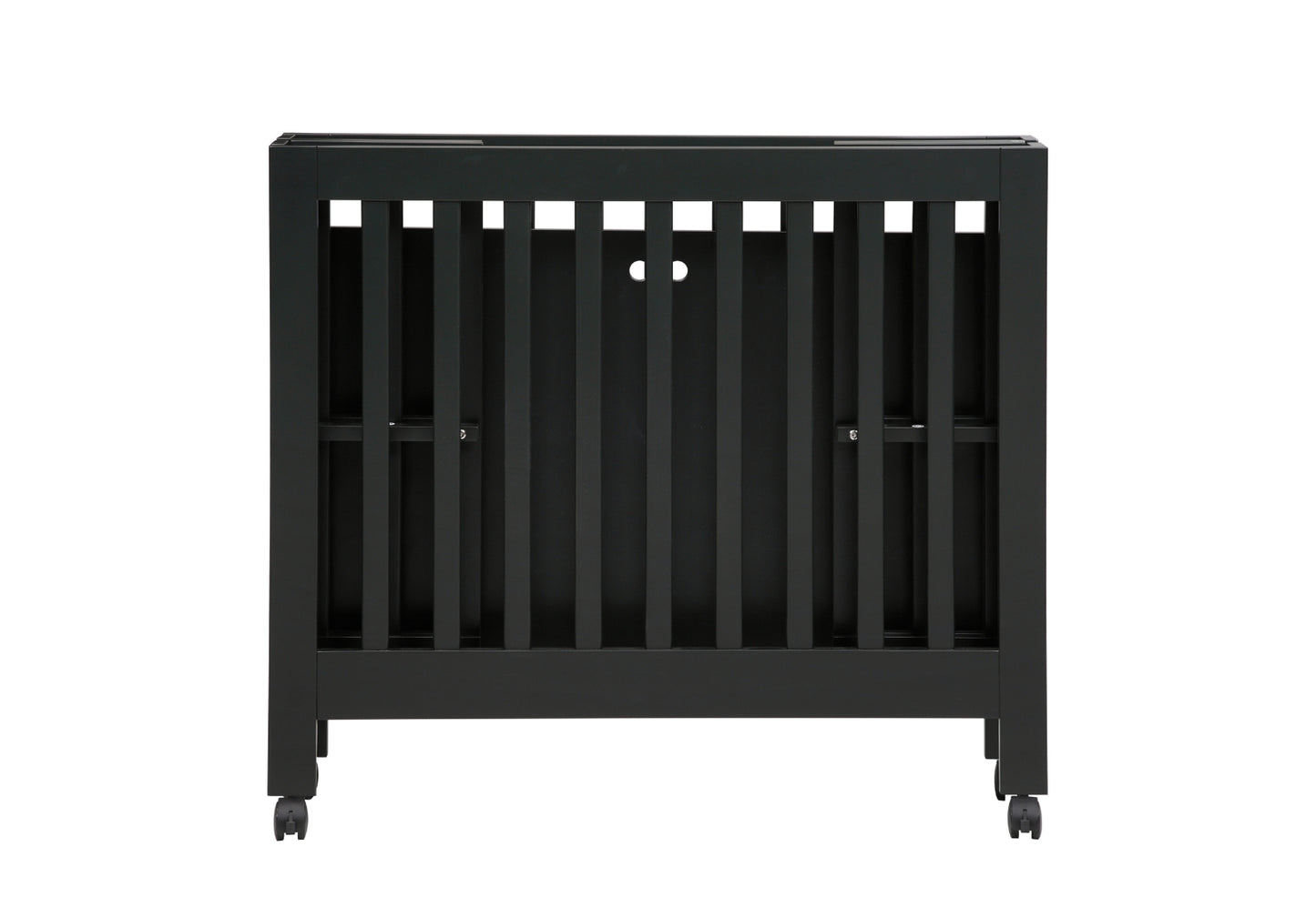 Black baby crib on wheels with a modern design, isolated on a white background.
