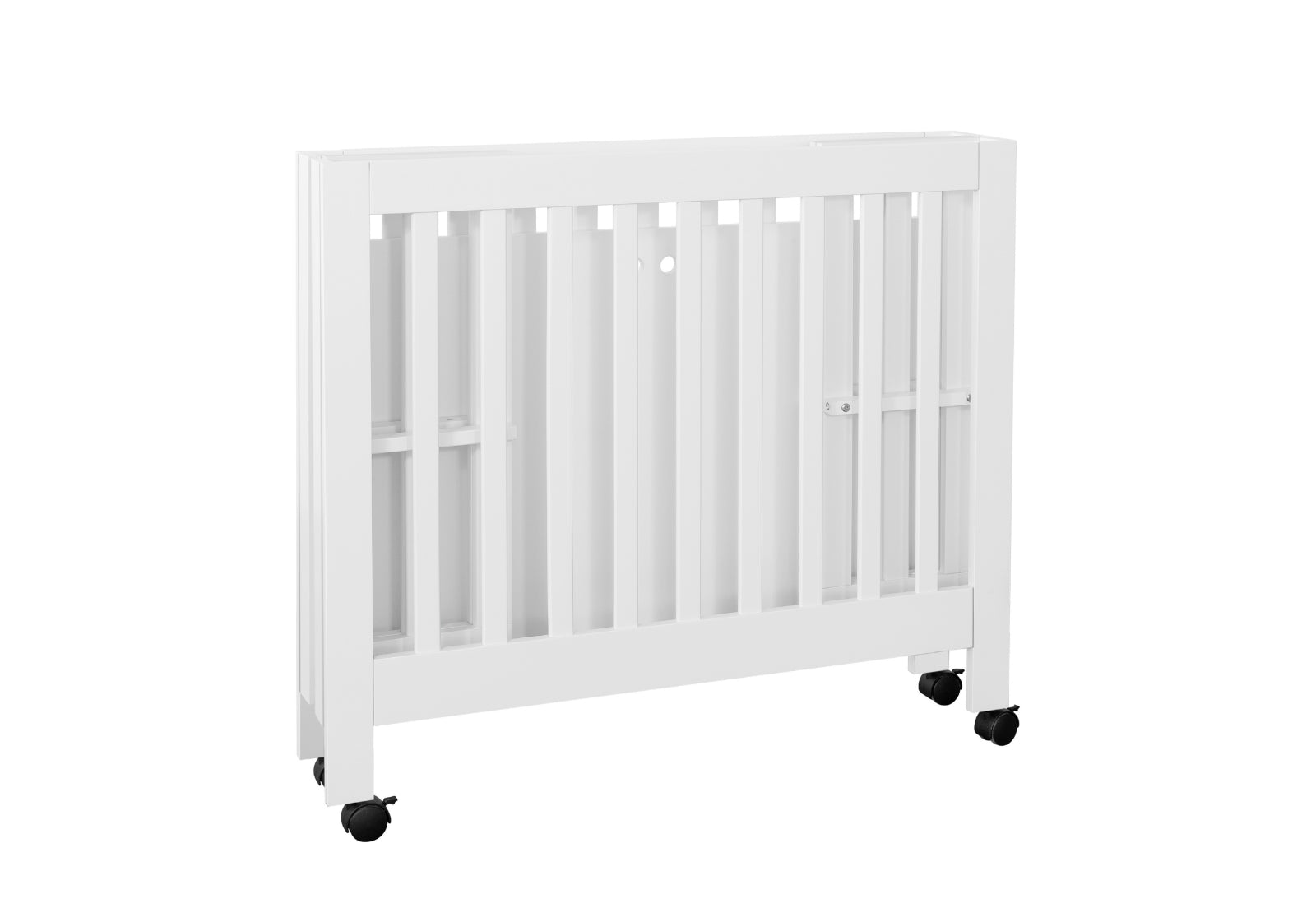 White modern baby crib with visible safety locking mechanism and wheels on a plain background.