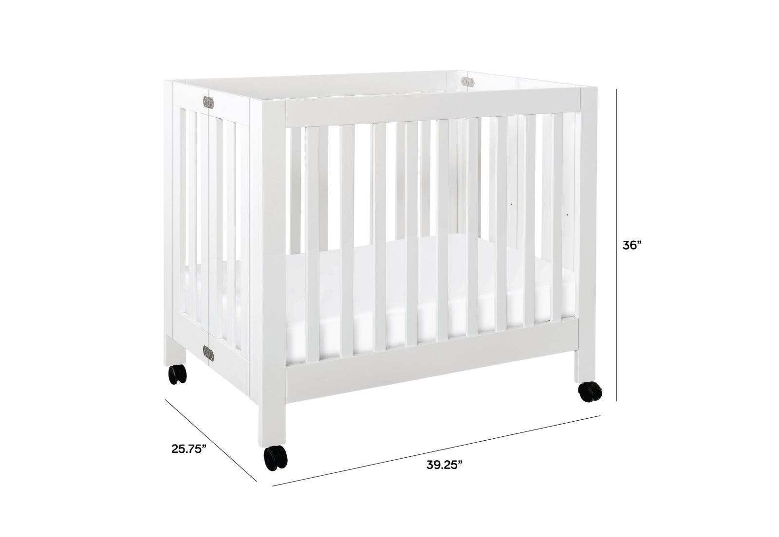 White baby crib on wheels, measuring 25.75 inches by 39.25 inches by 36 inches.