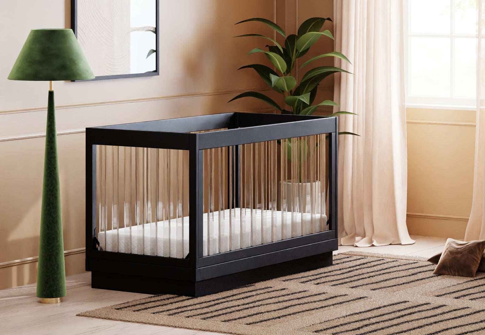 Modern black baby crib in a stylish room with a green lamp and potted plant, showcasing a comfortable and contemporary nursery setting.