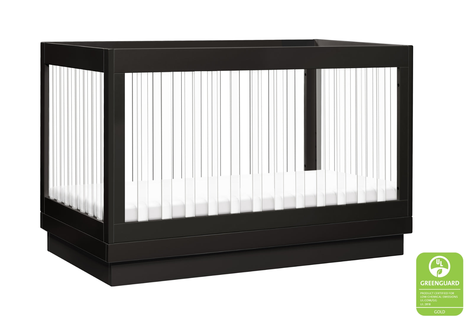 Modern black crib with a white mattress, featuring vertical bars and a GREENGUARD Gold certification for low chemical emissions.