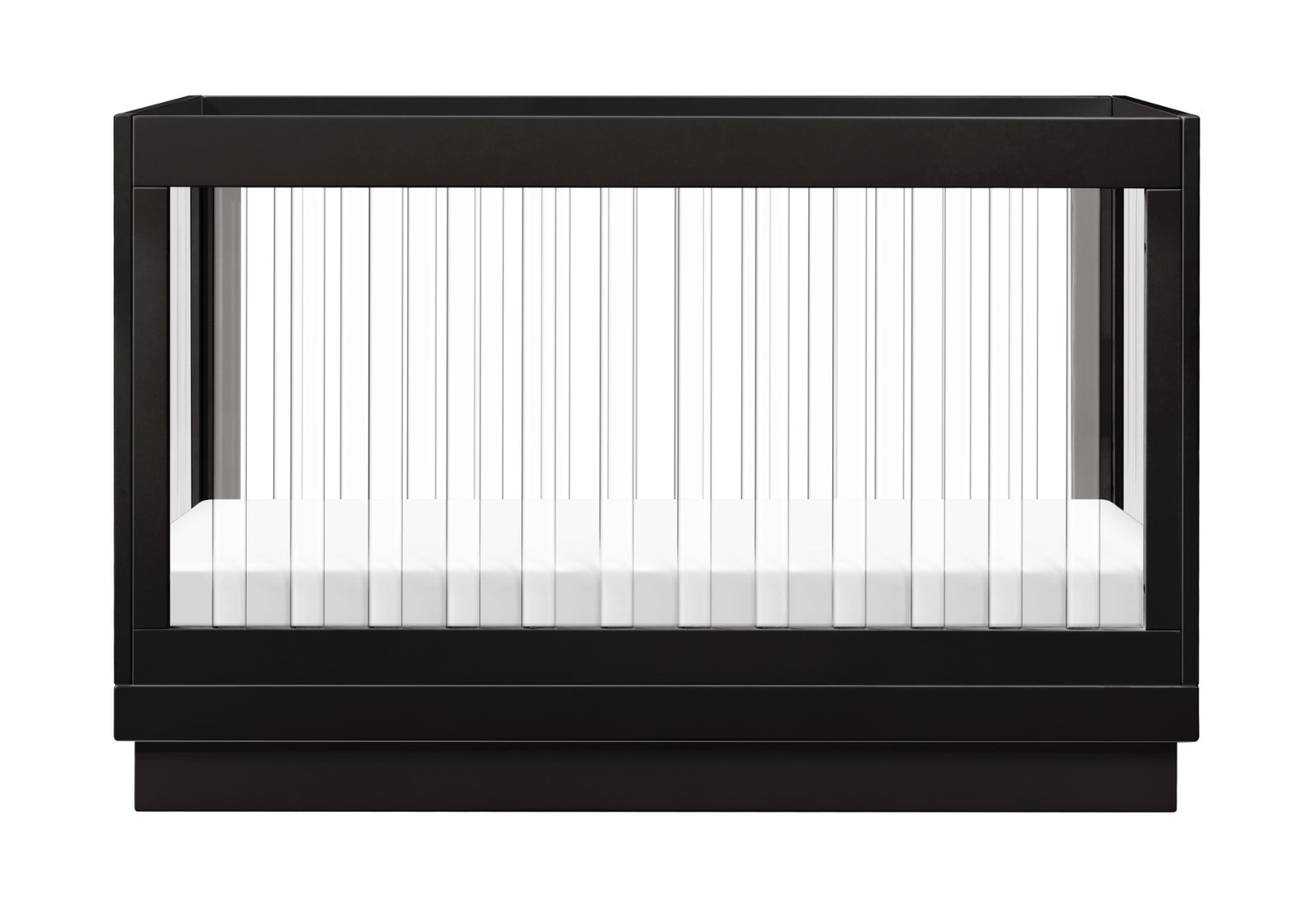Black modern baby crib with vertical white bars and a white mattress, isolated on a white background.