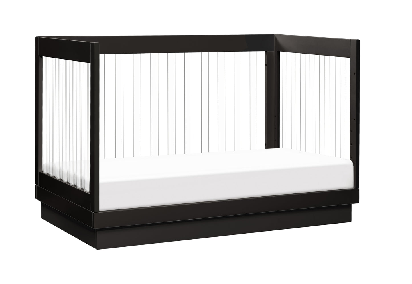 Modern black crib with a white mattress and transparent safety rails, isolated on a white background.