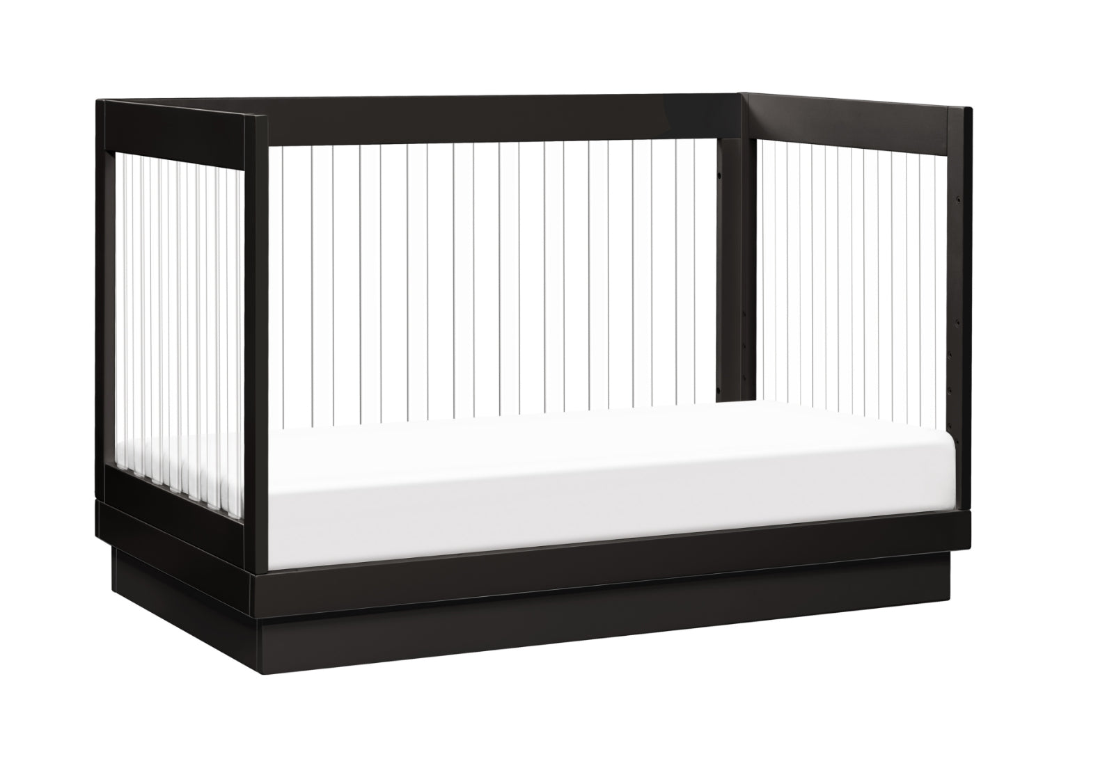 Modern black crib with a white mattress and transparent safety rails, isolated on a white background.