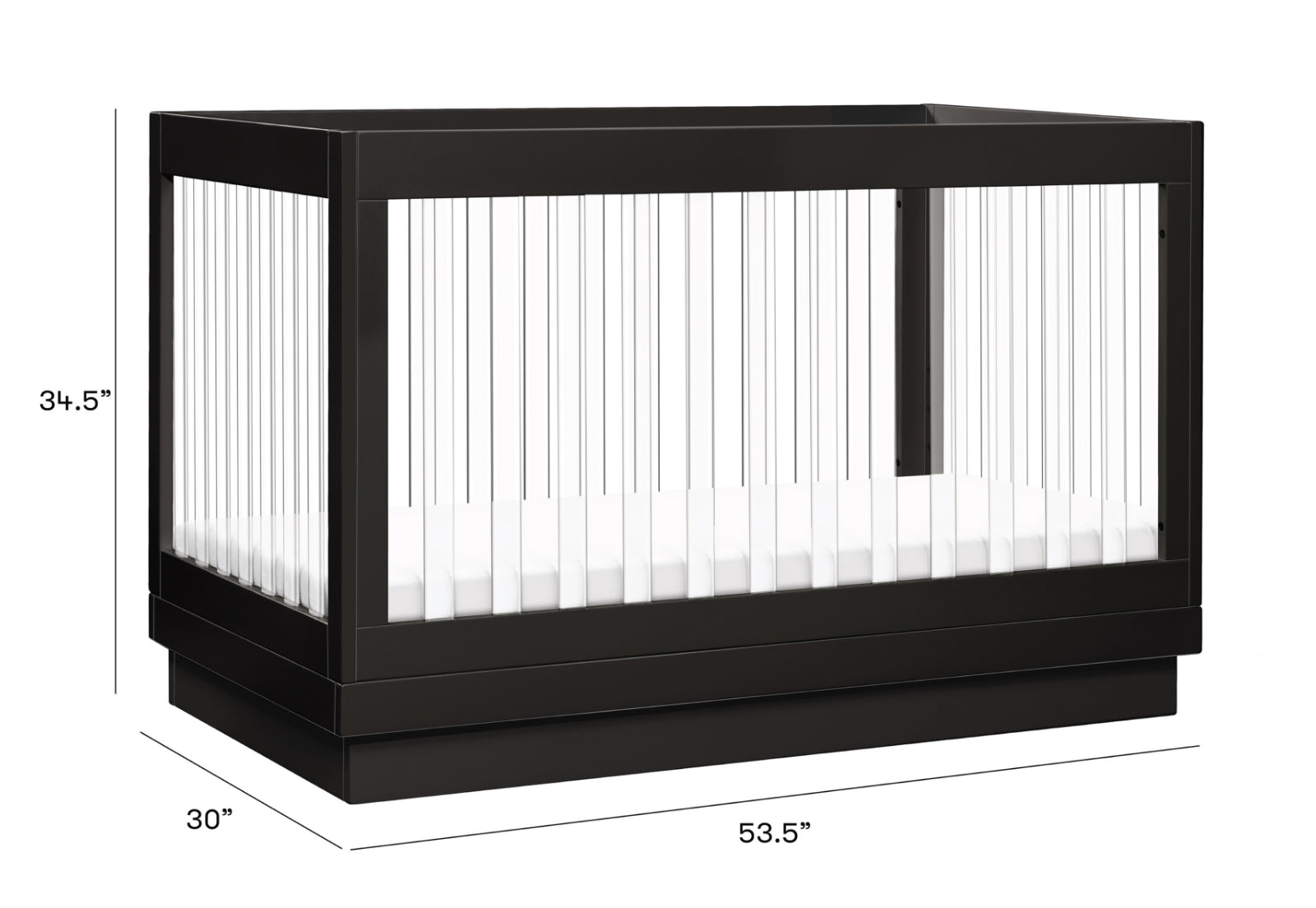 ALT text: "Black modern crib with white bedding, measuring 53.5 inches in length, 30 inches in width, and 34.5 inches in height."
