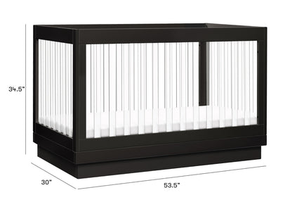 ALT text: "Black modern crib with white bedding, measuring 53.5 inches in length, 30 inches in width, and 34.5 inches in height."
