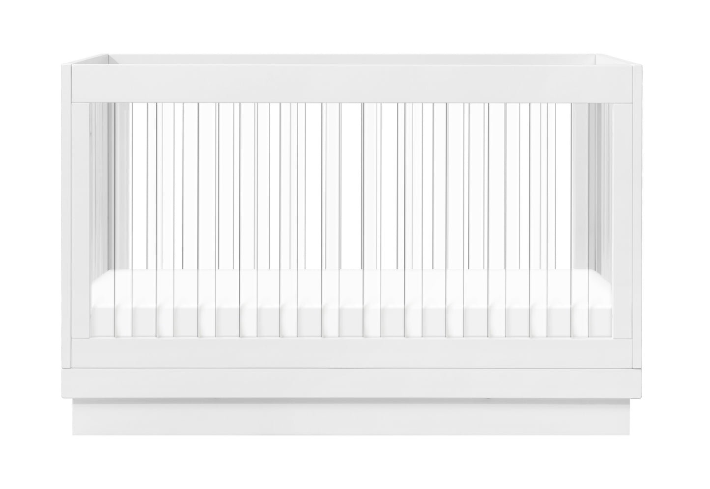 Modern white baby crib with vertical slats and a mattress visible, isolated on a white background.
