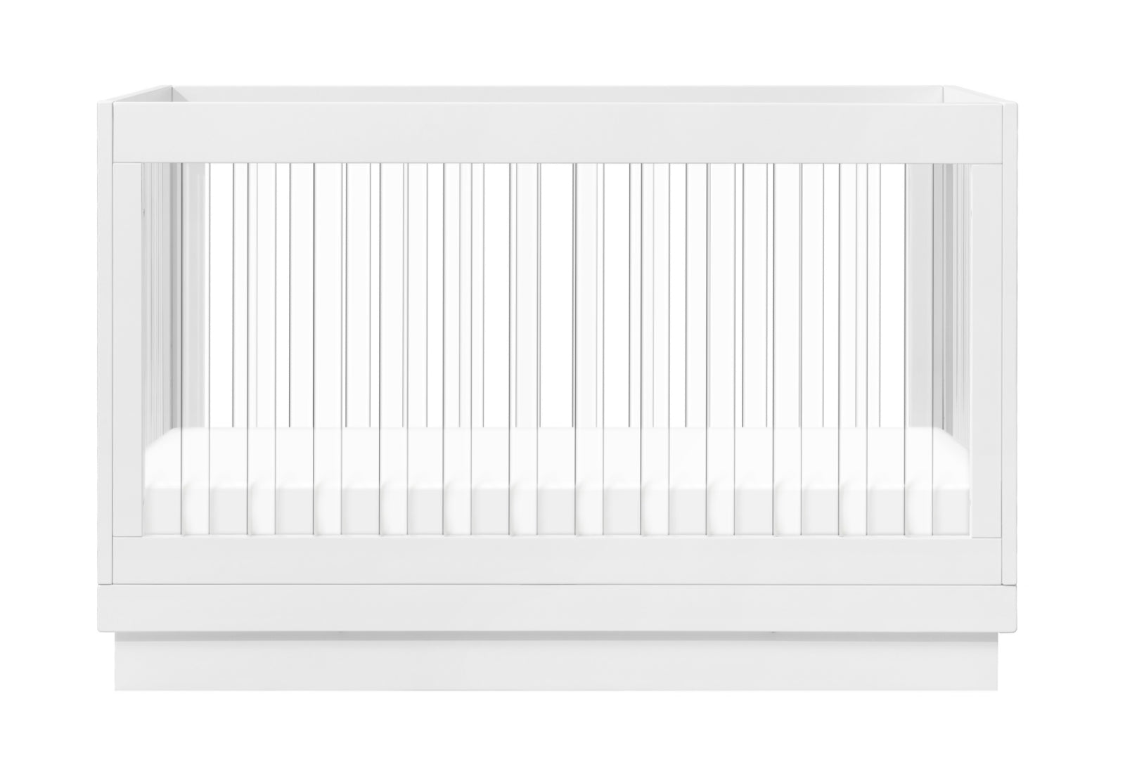 Modern white baby crib with vertical slats and a mattress visible, isolated on a white background.