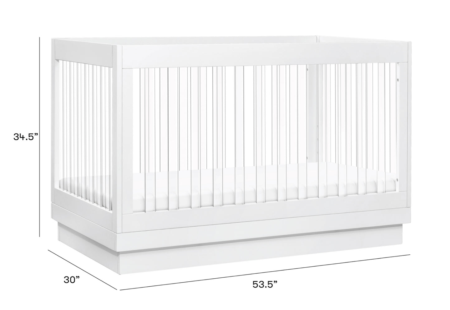 A modern white baby crib with dimensions displayed: 34.5 inches high, 53.5 inches wide, and 30 inches deep.