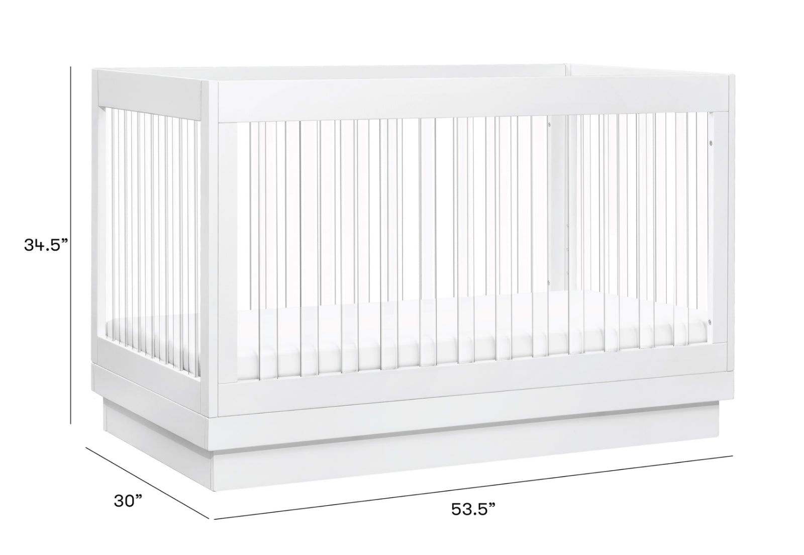 A modern white baby crib with dimensions displayed: 34.5 inches high, 53.5 inches wide, and 30 inches deep.