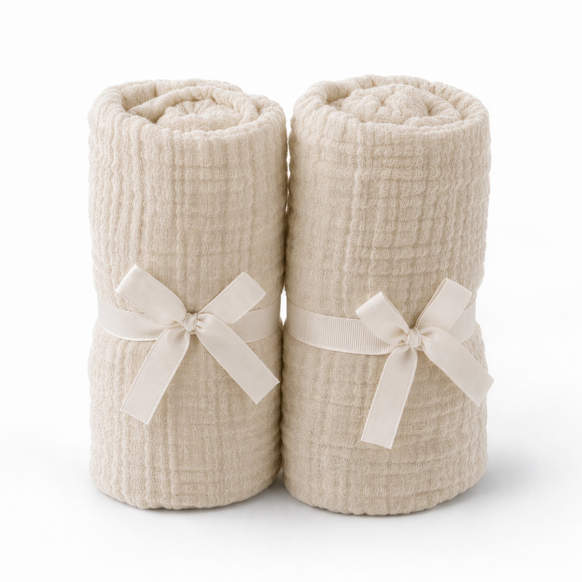 Two beige, textured towels with cream ribbon bows, side by side on a white background—perfect to pair with Newton Baby Nest Bassinet Extra Sheets for your nursery essentials.
