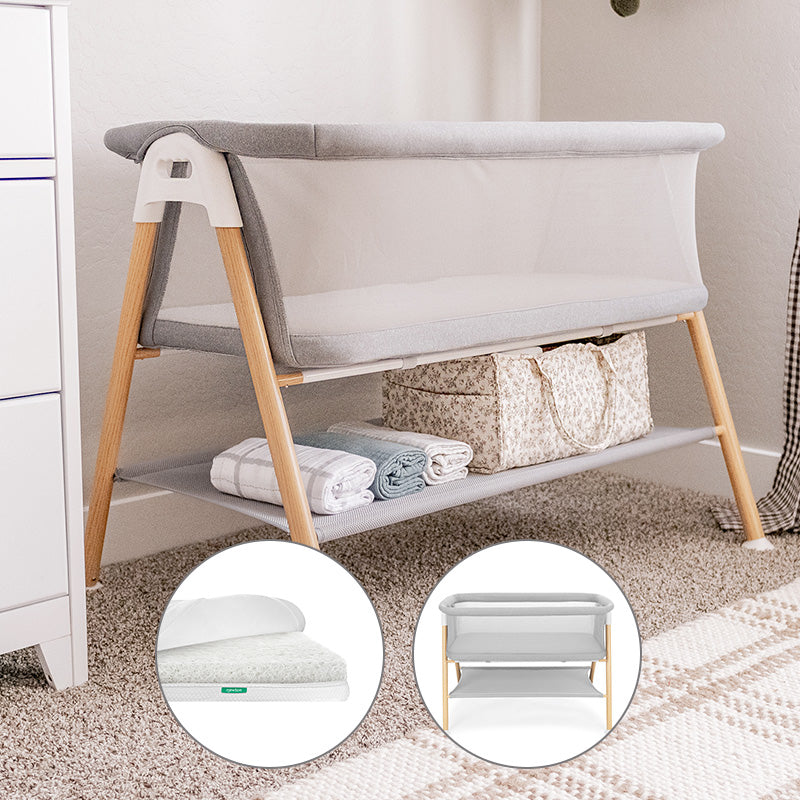 Image of newton essential bassinet in stylish nursery with small cutouts of Newton essential bassinet and white newton essential mattress on white background