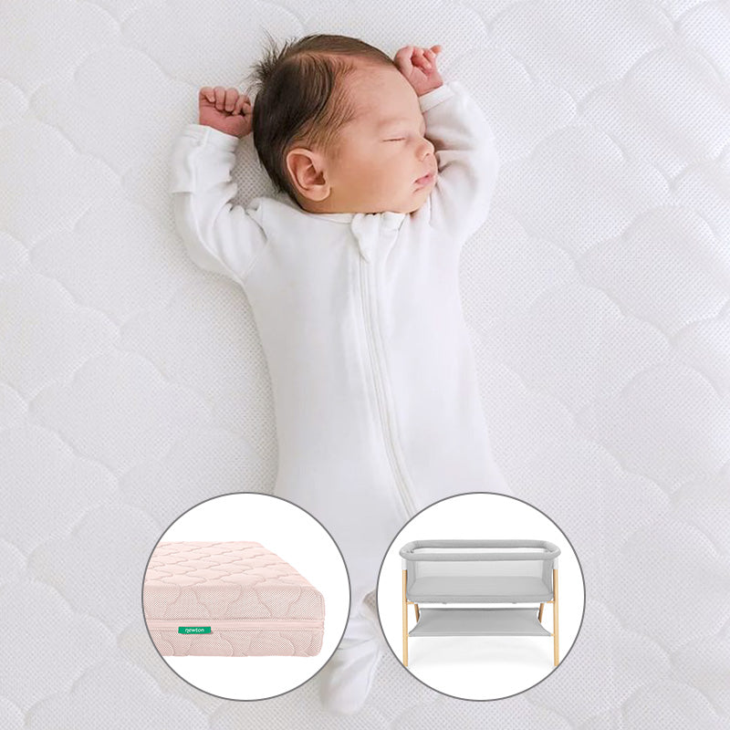 image of baby sleeping on newton mattress with small cutouts of Newton essential bassinet and pink newton original mattress on white background