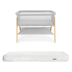 Newton essential bassinet and white newton original mattress on white background 1000-gry-8402