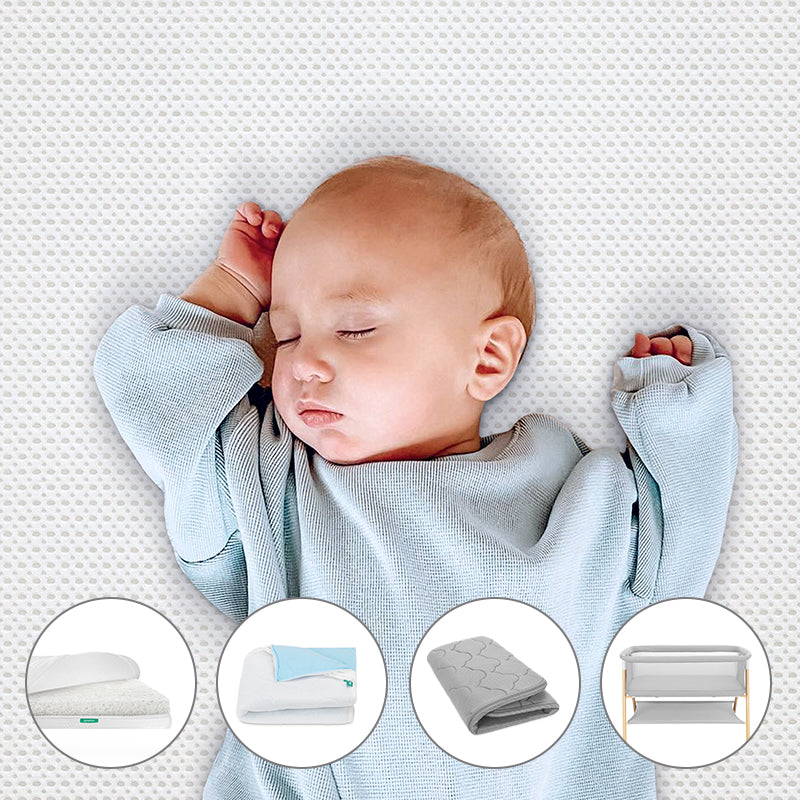 Essential bassinet, essential mattress, waterproof pad and extra bassinet cover on white background next to image of sleeping baby on newton mattress