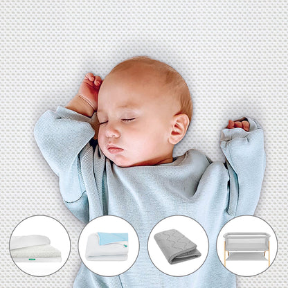 Essential bassinet, essential mattress, waterproof pad and extra bassinet cover on white background next to image of sleeping baby on newton mattress