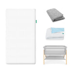 Essential bassinet, essential mattress, waterproof pad and extra bassinet cover on white background next to image of sleeping baby on newton mattress