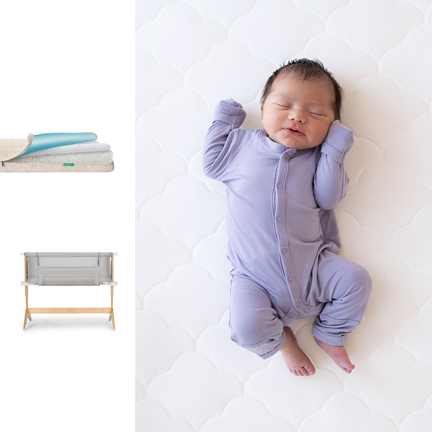A newborn in a lavender onesie rests on the Newton Baby Bassinet & Bedside Sleeper + Waterproof Mattress. To the left are images of folded bedding and the gray sleeper with wooden legs.