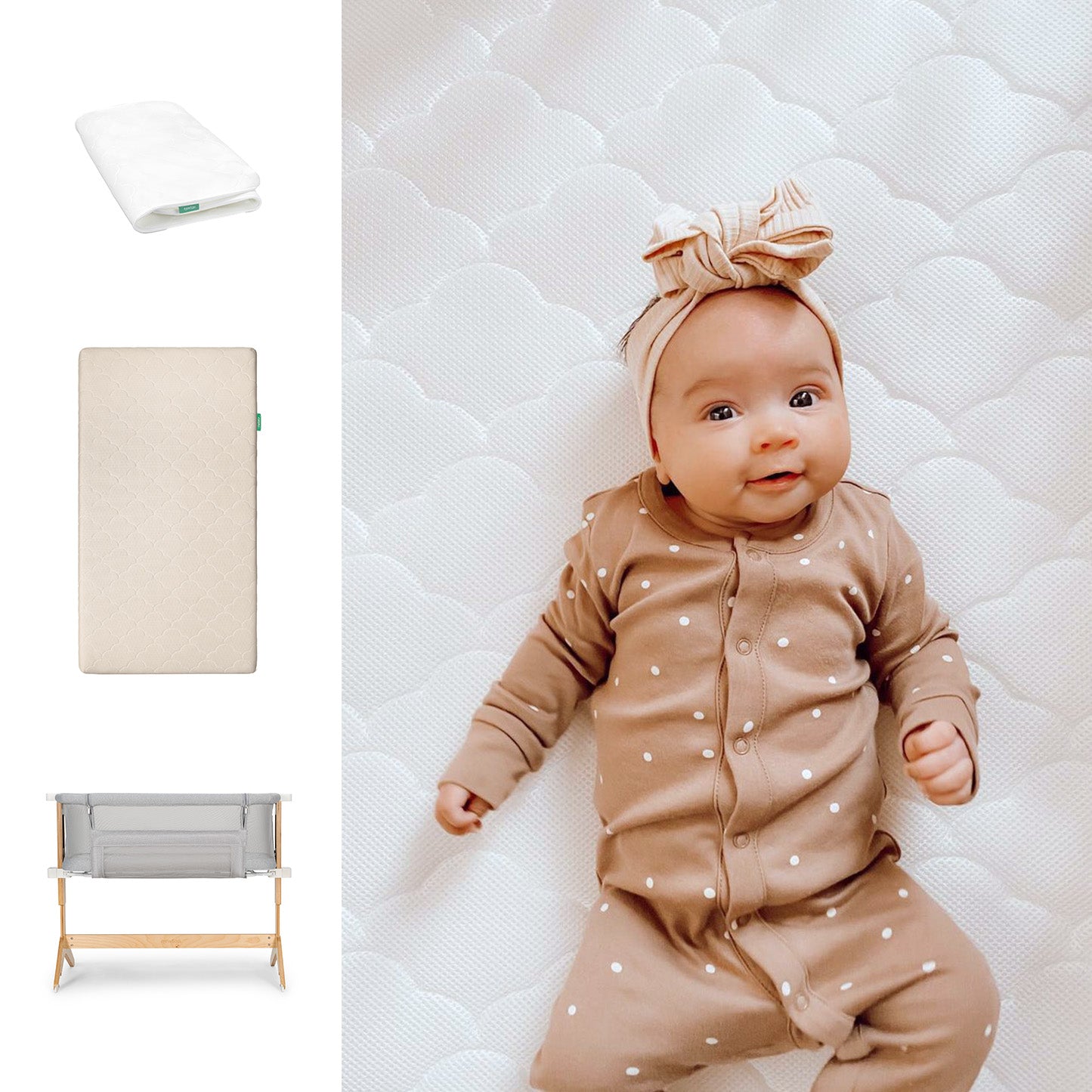 A smiling baby in a brown polka-dot outfit lies on a Newton Baby Original Crib Mattress with Waterproof Pad. Next to the Bedside Sleeper are images of a folded sheet, beige mattress, and light gray crib.