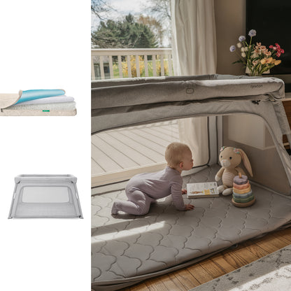 A baby plays in a gray Newton Baby Deluxe Travel Crib + Waterproof Crib Mattress on a soft mat, reaching for toys by a window. Also shown: folded mat and top-down view of the playpen.