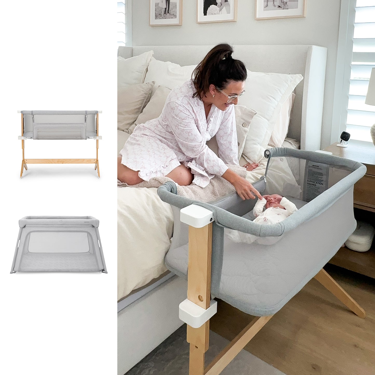 A woman in a pink robe reaches into the gray Newton Baby Bassinet & Bedside Sleeper + Deluxe Travel Crib with wooden legs by her bed, where a baby lies. On the left, two images show the portable crib folded and from the side.