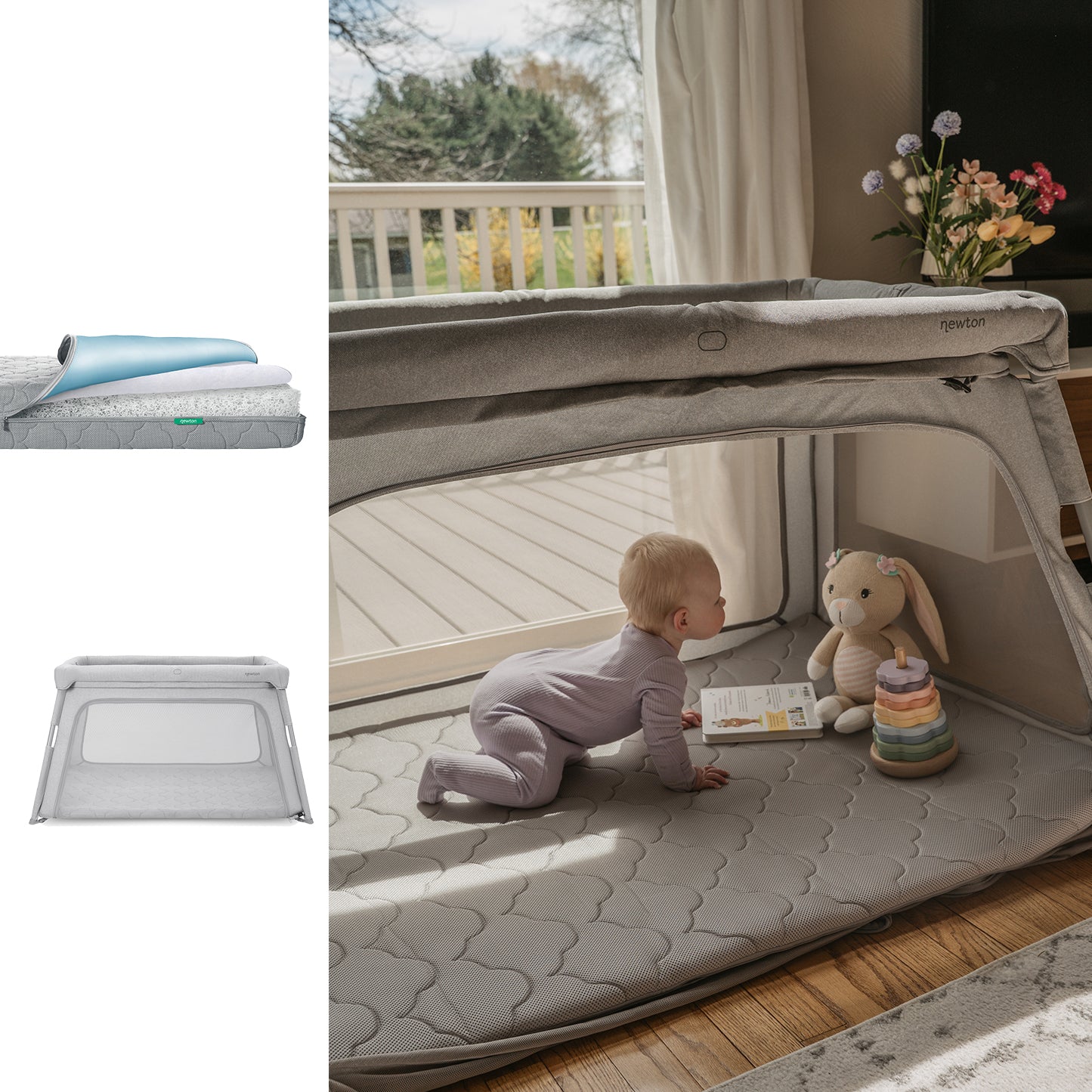 A baby in a light purple outfit crawls inside the Newton Baby Bundle 7 BFCM gray mesh deluxe travel crib with a breathable mattress, alongside a stuffed bunny and rainbow stacking toy, near a sunny window. 1001-gry-5100