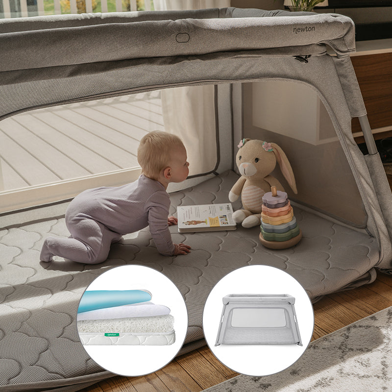 Baby looking at toys in Travel Crib with mattress and travel crib products in circles. SKIP