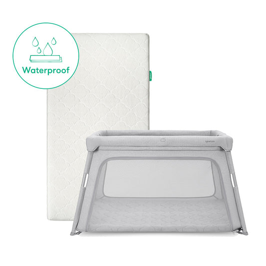 The Newton Baby Bundle 7 BFCM features a white, quilted waterproof crib mattress behind a light gray mesh-sided playard. A green Waterproof icon highlights the breathable mattress—ideal for your deluxe travel crib setup.
