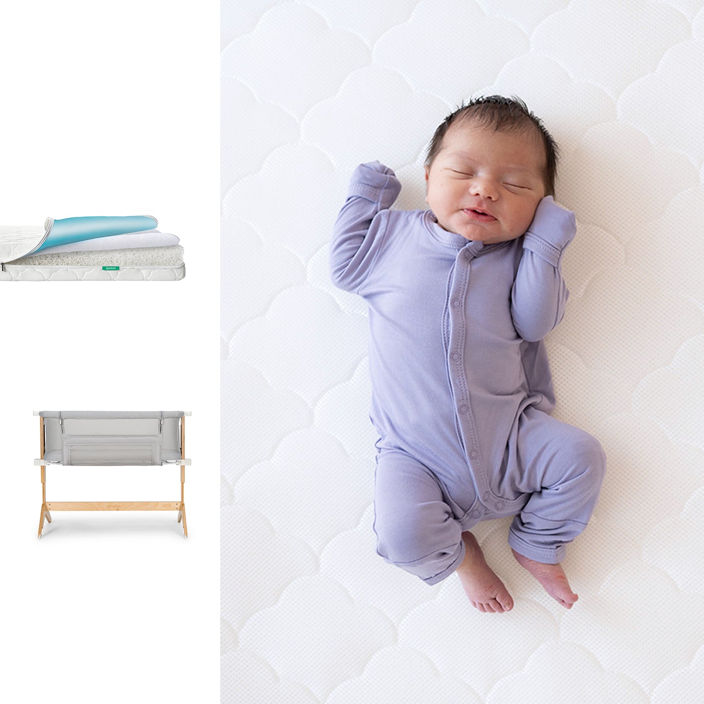 A newborn in a lavender onesie rests on a white Newton Baby Bundle 5 BFCM mattress. To the left are images of a folded mattress pad and a gray bassinet with wooden legs. 1001-wht-8400
