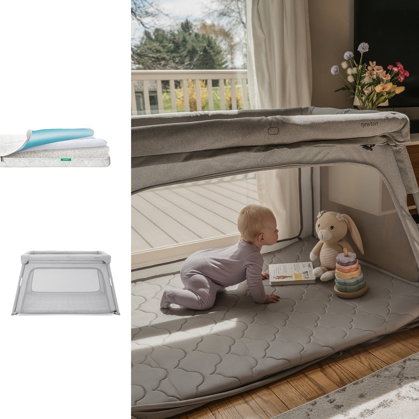 A baby in lavender crawls inside a Newton Baby Bundle 7 BFCM gray playpen with a plush bunny and stacking rings. The deluxe travel crib, by the window, features a breathable mattress; images show its folded base and mattress on the left.