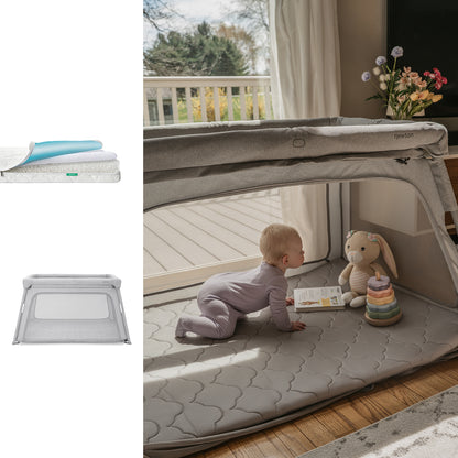 A baby in lavender crawls inside a Newton Baby Bundle 7 BFCM gray playpen with a plush bunny and stacking rings. The deluxe travel crib, by the window, features a breathable mattress; images show its folded base and mattress on the left.