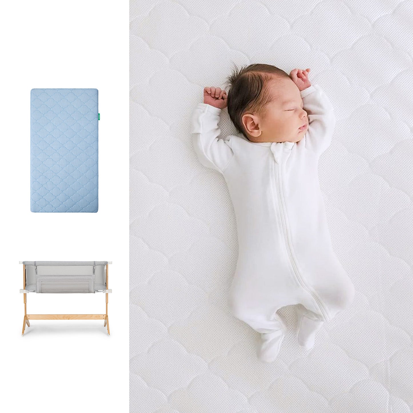 A baby in a white onesie sleeps on a Newton Baby Bundle 3 BFCM quilted, washable crib mattress. To the left are a blue quilted mattress and a light wood, breathable bassinet with a grey fabric side. 1000-BLU-8400