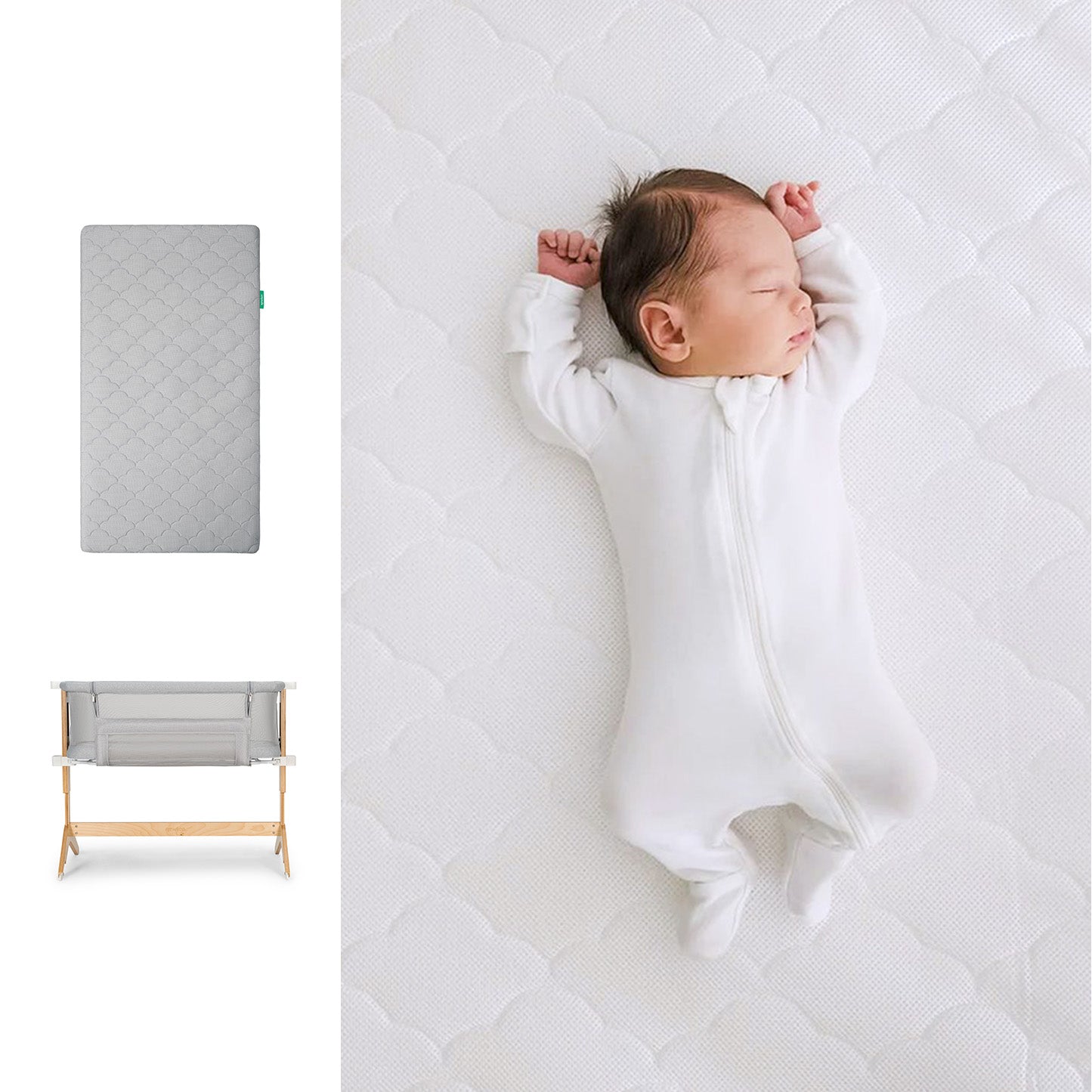 A newborn in a white sleeper rests on the Newton Baby Bundle 3 BFCM washable crib mattress. Beside it are a gray topper and a wooden-framed, breathable bassinet with gray fabric. 1000-GRY-8400