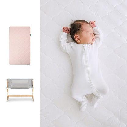 A newborn in a white onesie sleeps on the Newton Baby Bundle 3 BFCM quilted, washable crib mattress. Beside it are two images: a pink mattress pad and a light gray, breathable bassinet with wooden legs. 1000-PNK-8400