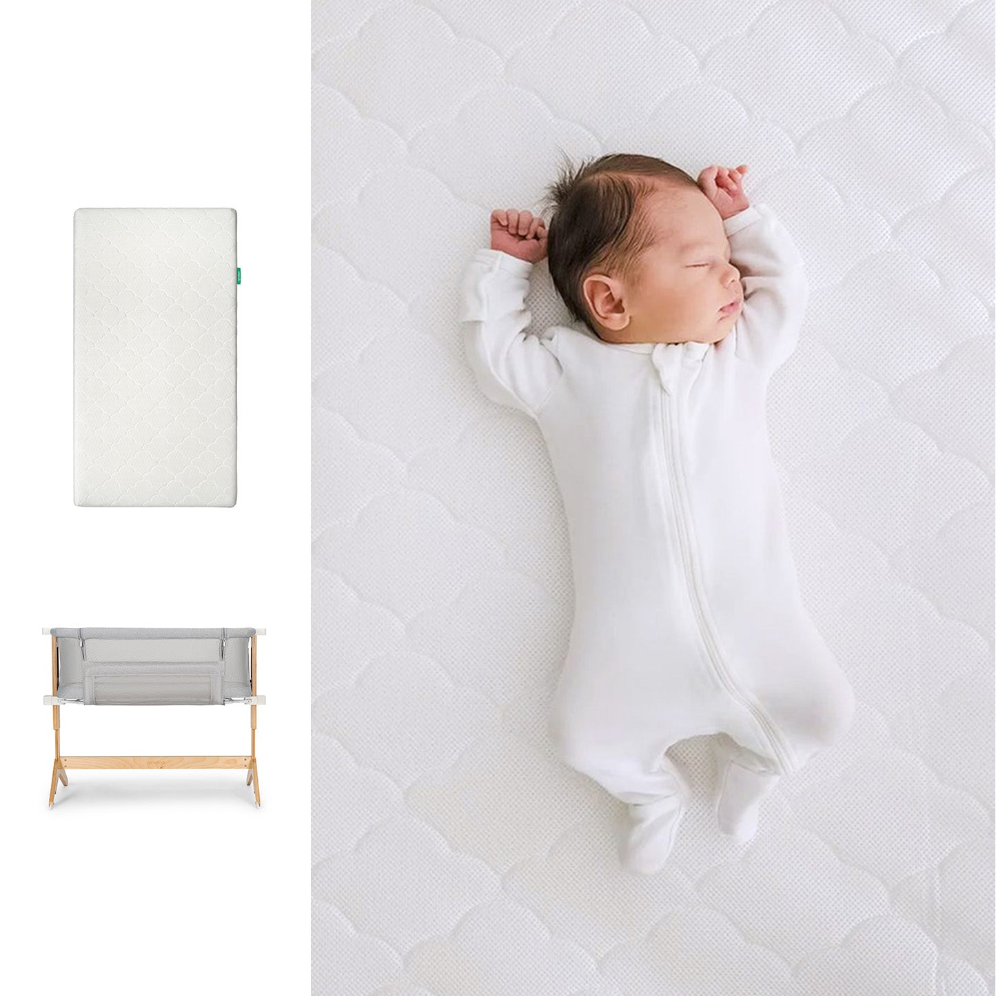 A newborn in a white onesie sleeps on the Newton Baby Bundle 3 BFCM. On the left is a top view of the mattress; below, a gray breathable bassinet with wooden legs. 1000-WHT-8400 