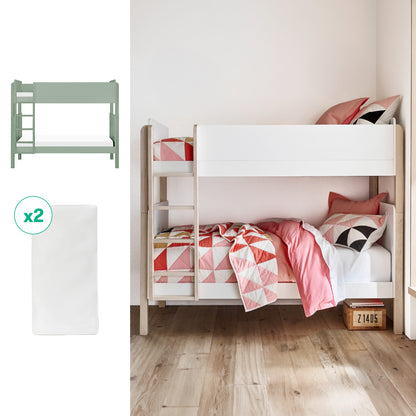 A bedroom features the Newton Baby Tip Toe Bunk Bed & Kids' Twin Mattress Bundle with pink geometric bedding and a storage box underneath. On the left, a graphic shows the green convertible bunk bed and two twin mattresses. The floor is light wood.
