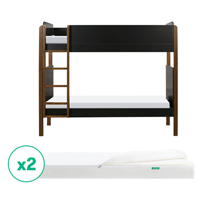 The Newton Baby Tip Toe Bunk Bed & Kids' Twin Mattress Bundle in black and wood is displayed with two extra white mattresses below, marked by a green x2 icon.