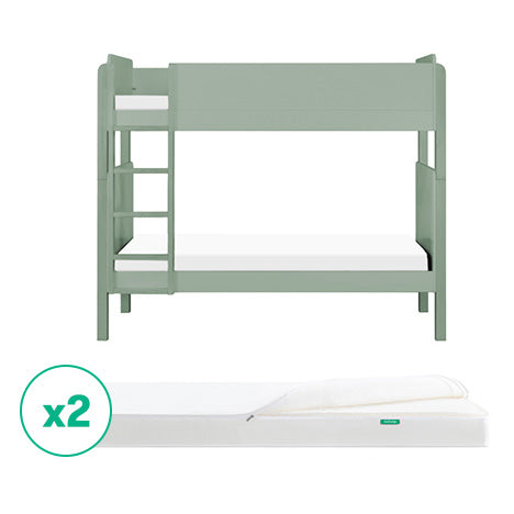 A light green Newton Baby Tip Toe Bunk Bed & Kids' Twin Mattress Bundle, featuring a white mattress on each level and a round icon with x2 over two stacked mattresses below the bed.