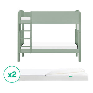 A light green Newton Baby Tip Toe Bunk Bed & Kids' Twin Mattress Bundle, featuring a white mattress on each level and a round icon with x2 over two stacked mattresses below the bed.