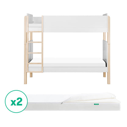 A Newton Baby Tip Toe Bunk Bed & Kids' Twin Mattress Bundle is shown in white and light wood with a ladder, featuring two stacked twin mattresses marked by a green x2 icon.