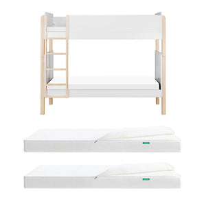 A Newton Baby Tip Toe Bunk Bed & Kids' Twin Mattress Bundle features a wooden bunk bed with white bedding, shown above two Kids' Twin Mattresses, each with a folded white comforter.