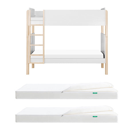 A Newton Baby Tip Toe Bunk Bed & Kids' Twin Mattress Bundle features a wooden bunk bed with white bedding, shown above two Kids' Twin Mattresses, each with a folded white comforter.