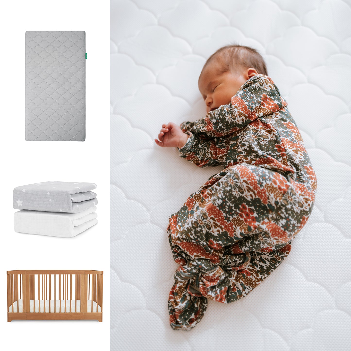 A newborn in a floral sleepsuit rests on Newton Baby’s Original Mattress with a Breathable Organic Cotton Sheet inside the Nest Convertible Crib. On the left are images of the Nest Convertible Crib, mattress, and two folded sheets. 111-8420-CST-1000-GRY-SGW
