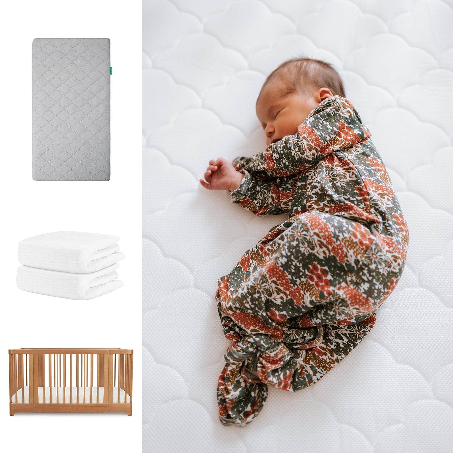 A baby in a floral sleeper rests on a Newton Baby Original Mattress atop the Nest Convertible Crib, with gray mattress, two folded Breathable Organic Cotton Sheets, and crib shown separately on white backgrounds. 111-8420-CST-1000-GRY-WNW